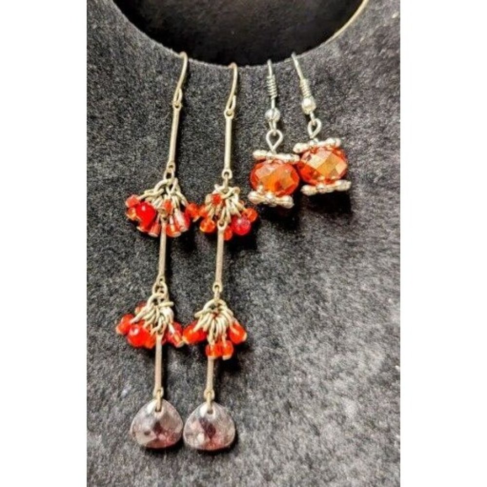 2 Pairs Bohemian Red Orange Dangle Drop Faceted Bead Earrings Boho